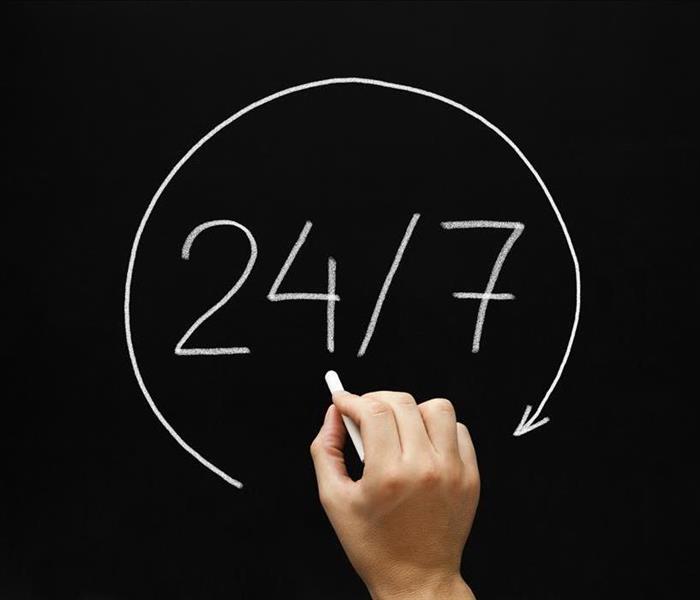 Image of a person drawing on a chalkboard and wrote "24/7"